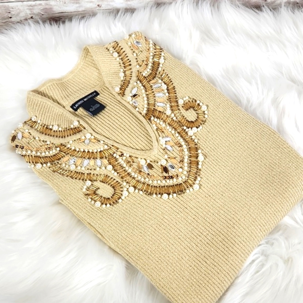 Lauren Michelle, Gold scooped beaded and pearls neckline. Size M - Picture 5 of 11